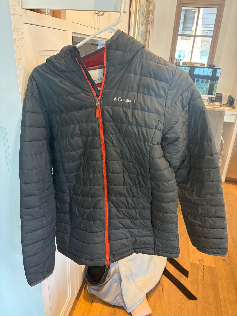 Columbia Youth Black Puffer Jacket with Red Trim and Orange Sparkles